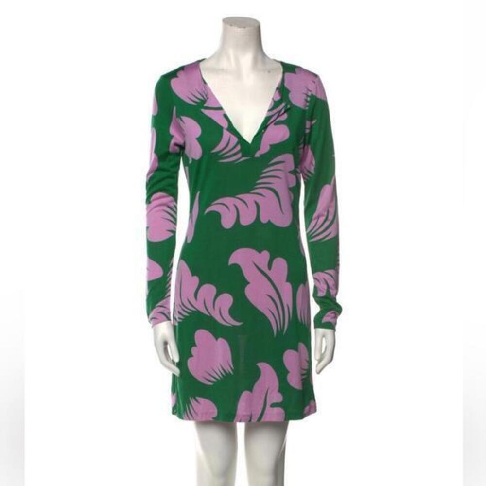 Diane Von Furstenberg Green and Pink Silk Long Sleeve Dress